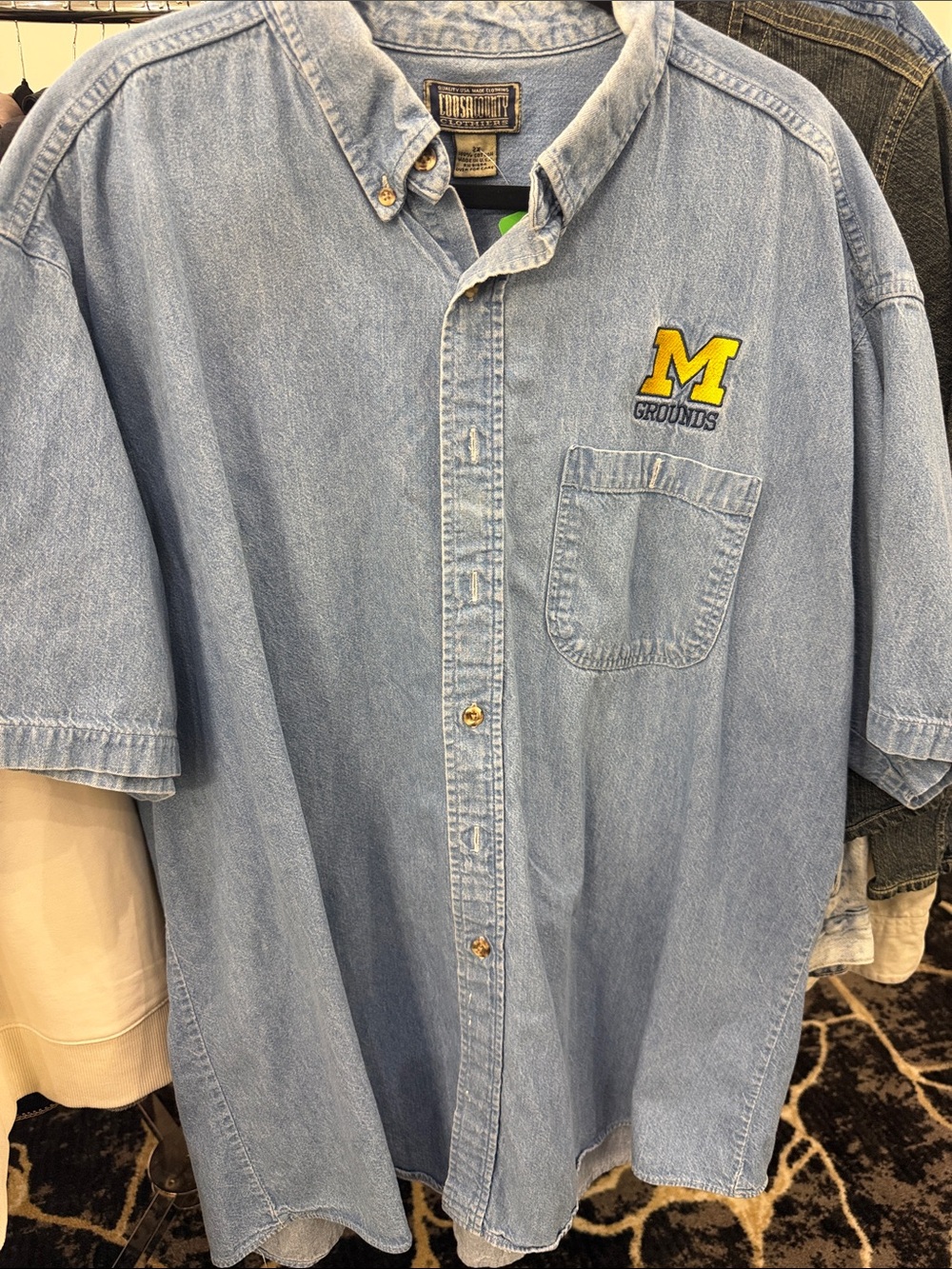 Light Blue Denim Short-Sleeve Button-Down Shirt with Yellow 'M' Patch